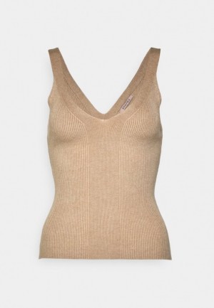 Dámské Tričko Anna Field V Neck Panel Top Top Hnědé | CPZT-39217
