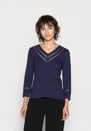 Dámské Tričko Anna Field V Neck Tape Insert Sleeve Long Sleeved Top Tmavě Blankyt | FGLZ-65497