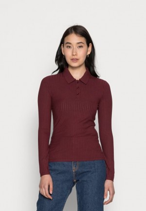 Dámské Tričko Anna Field Žebrovaný Polo Longsleeve Long Sleeved Top Tmavě Červené | SPWU-08347