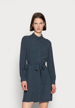 Dámské Šaty Anna Field Woven Blouse Šaty Pleats Belt Day Šaty Tmavě Blankyt | XQYF-42957